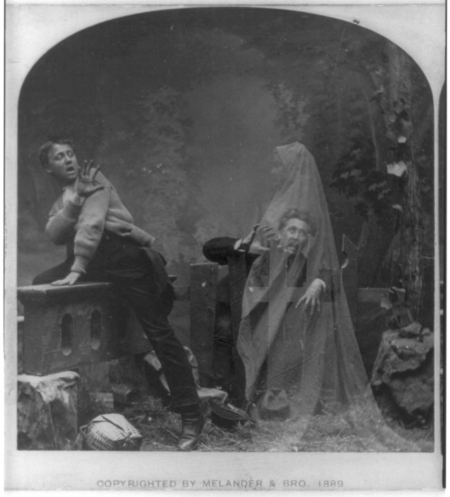 The Haunted Lane: an 1889 staged photograph of a startled man and a draped ghostly figure on a lane.